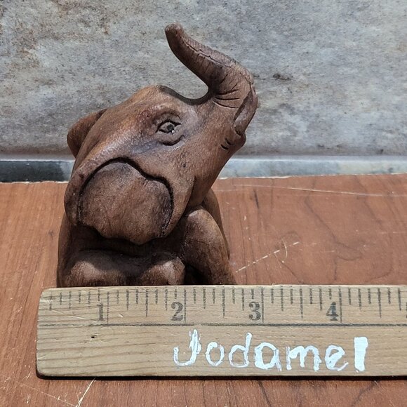 Small Wood Carved Elephant Raised Trunk Statue - Picture 10 of 10